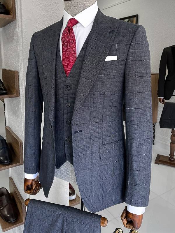 Navy Blue Slim Fit Peak Lapel Plaid Wool Suit