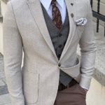 Beige Slim Fit Peak Lapel Combination Wool Suit