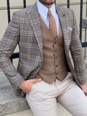 Beige Slim Fit Peak Lapel Plaid Check Wool Suit