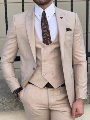 Aysoti Bosworth Beige Slim Fit Peak Lapel Wool Suit