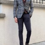 Gray Slim Fit Peak Lapel Plaid Check Wool Suit