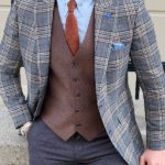 Gray Slim Fit Peak Lapel Plaid Check Wool Suit