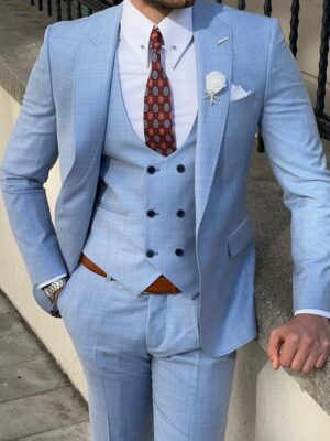 Sky Blue Slim Fit Peak Lapel Wool Suit