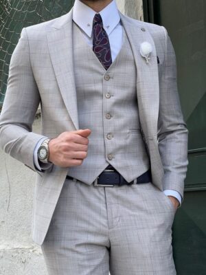 Light Gray Slim Fit Peak Lapel Plaid Wool Suit