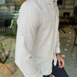 Aysoti Eden Beige Slim Fit Striped Cotton Shirt