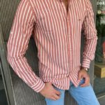 Aysoti Manley Rust Slim Fit Striped Cotton Shirt