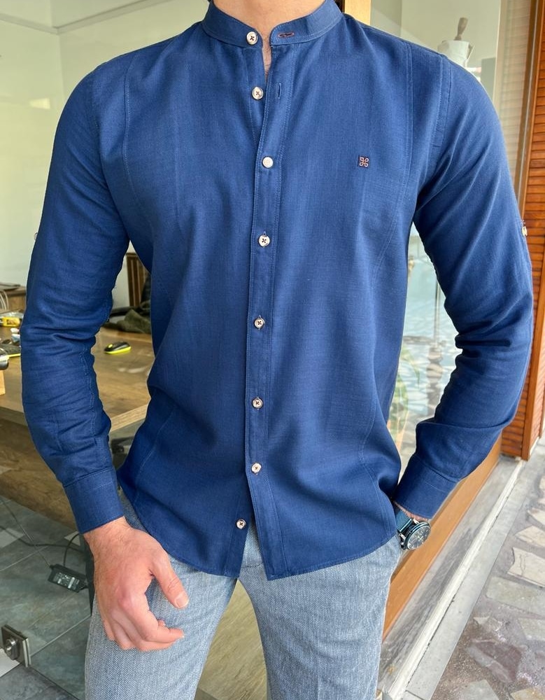 Aysoti Soffran Blue Slim Fit Cotton Shirt