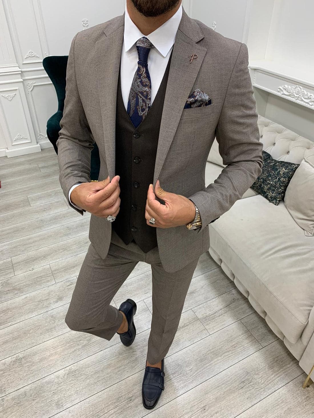Brown Slim Fit Notch Lapel Suit