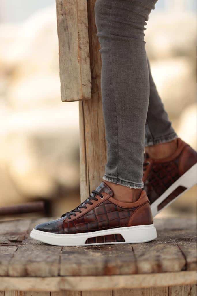 Brown Crocodile Pattern Mid-Top Sneakers
