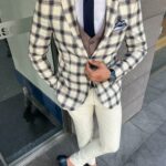 Beige Slim Fit Notch Lapel Plaid Suit