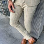 Beige Slim Fit Plaid Suit